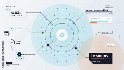Quadro em tela Light themed target acquisition HUD interface with circular radar reticle, signa