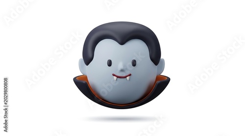 3D rendered stylized vampire head icon with fangs and black cape isolated on white background
