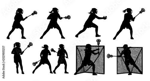 Group of female lacrosse players in action poses with sticks and nets as black silhouette vector icons for sports team branding and athletic competition graphic art
