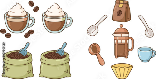 PrintHand Drawn Coffee Icon Set Featuring Espresso Cups with Cream, Roasted Beans in Sacks, French Press, and Brewing Accessories for Cafe Branding and Menu Design