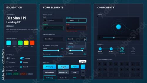 Dark futuristic UI design system kit with typography, color palette, form fields, sliders, buttons, video player, stepper, and icon library