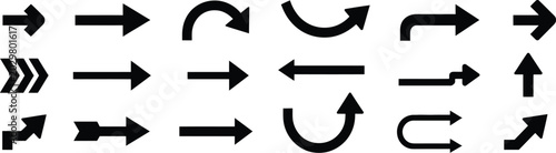 Directional black arrow icons collection. Minimalist pointers and cursor navigation symbols set isolated on white background.