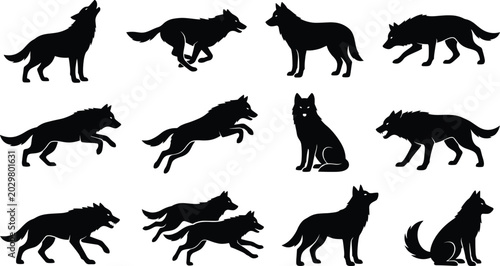 Fotografie Twelve Black Wolf Silhouettes Featuring Howling Running Walking Sitting Jumping