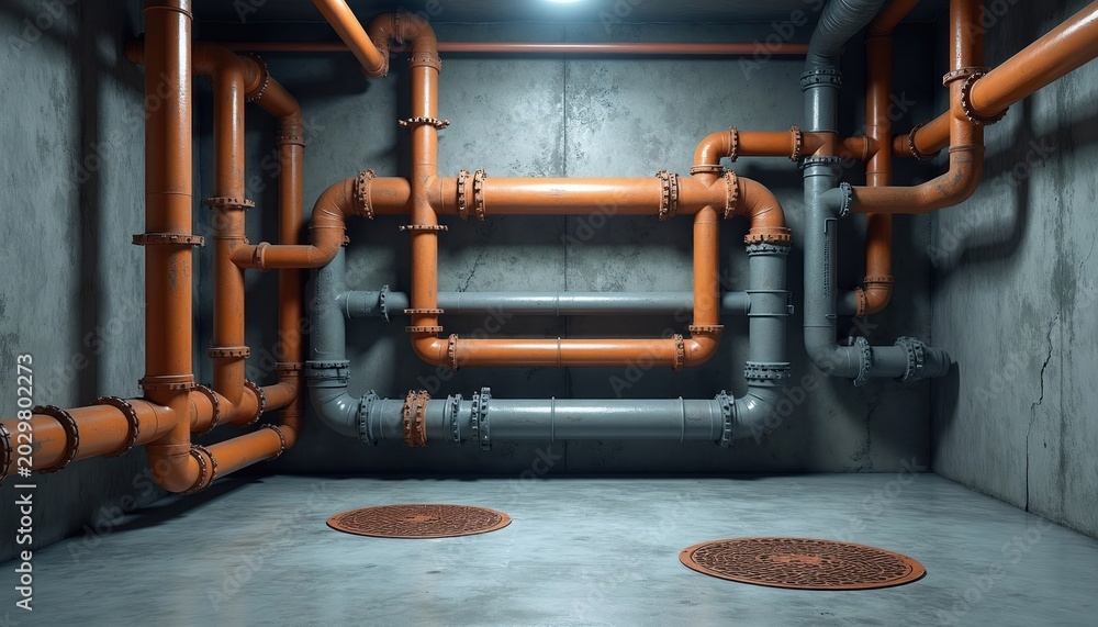 Obraz premium Industrial underground pipes carry water and waste through concrete walls and floor. Utility system with access manholes shows complex infrastructure, maintenance and engineering.