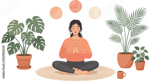 Young Woman Meditating in Lotus Pose Surrounded by Potted Houseplants and Monstera Leaves for Wellness Yoga and Mental Health Awareness Digital Content