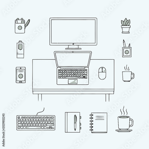 Computer workstation with office supplies.