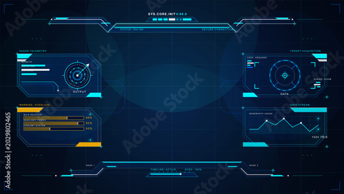 Foto Futuristic blue HUD interface with radar telemetry, target acquisition, overload