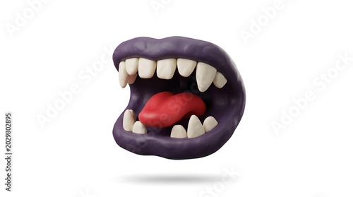 Purple clay monster mouth with sharp white teeth and red tongue isolated on white background