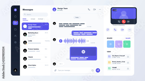 Bild auf Leinwand Modern flat messaging app dashboard with team chat, audio waveform, video call c