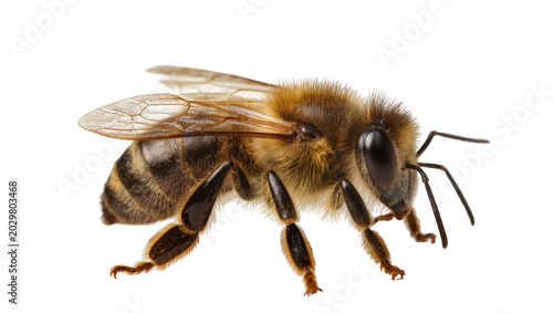 Tableau sur toile Detailed honey bee with fuzzy thorax and striped abdomen, isolated on transparen