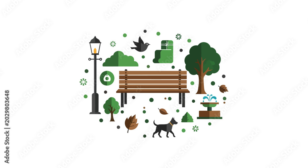 Obraz premium Flat Vector Illustration of City Park Elements with Bench, Trees, Dog, and Fountain