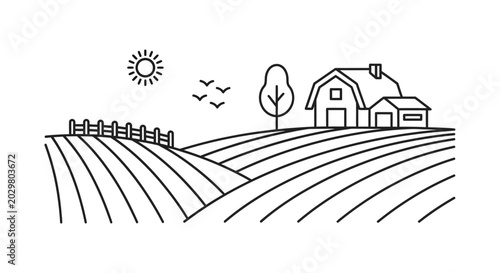 Countryside Farm Landscape with Barn and Fields Line Art On White Background
