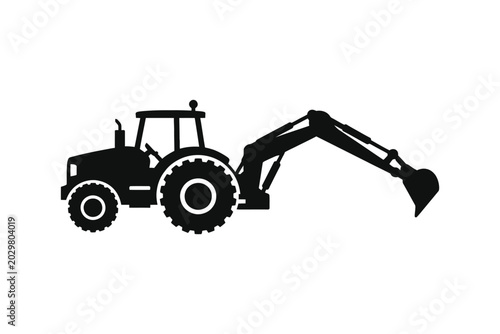 Tractor Excavator Silhouette Construction Vehicle Illustration On White Background