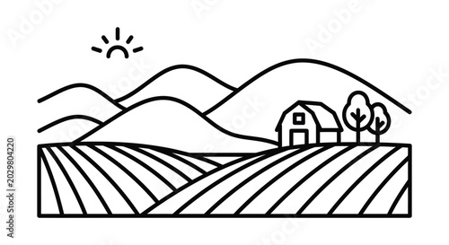 Rural Farm Landscape With Barn And Field Line Illustration On White Background