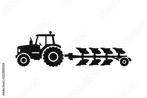 Agricultural Tractor With Plow Silhouette Vector Illustration On White Background