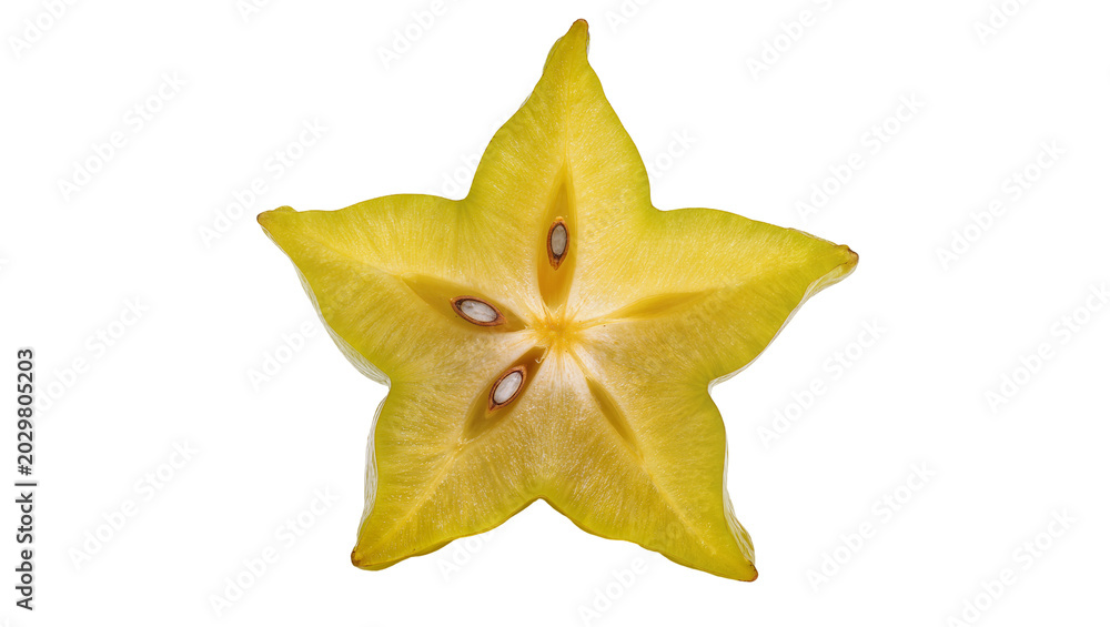 Fototapeta premium Yellow star fruit slice with seeds, isolated on transparent background