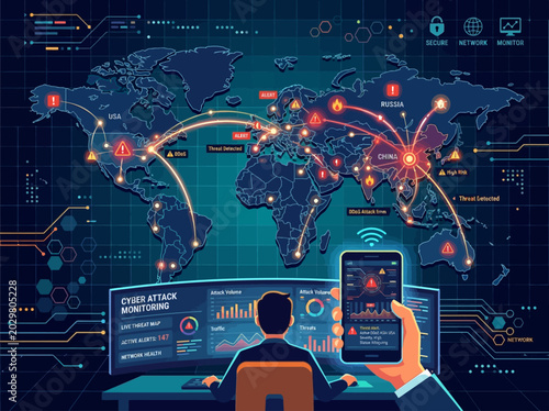 Tableau sur toile Colorful flat vector illustration of cyber attack monitoring, abstract world map