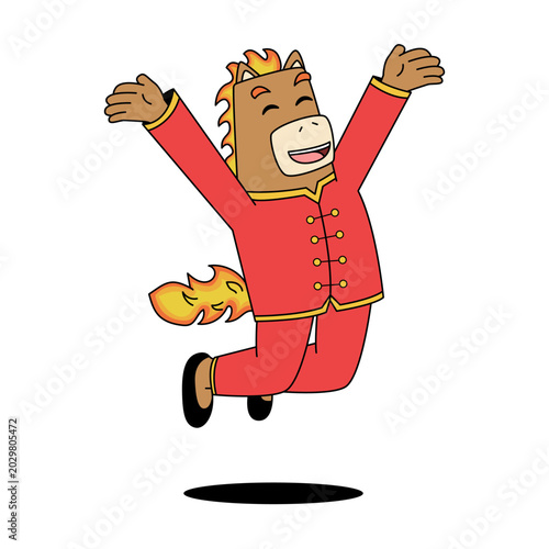 Cute Fire Horse Mascot Jumping in Chinese Traditional Clothes