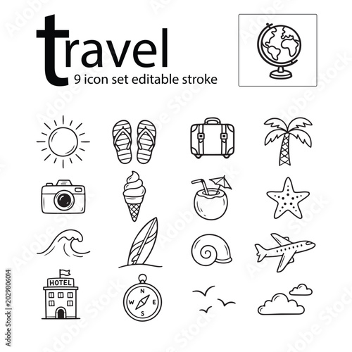 Travel Vacation Icon Set With Tourism And Summer Line Symbols Isolated On White Background