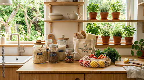 Kitchen Counter Bounty: A beautifully organized kitchen counter filled with an assortment of fresh produce, pantry staples in glass jars, and a canvas tote bag.