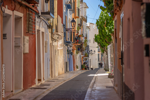 The cityscape of Mediterranean town Villajoyosa, Spain, with its narrow, empty streets and ancient authentic architecture