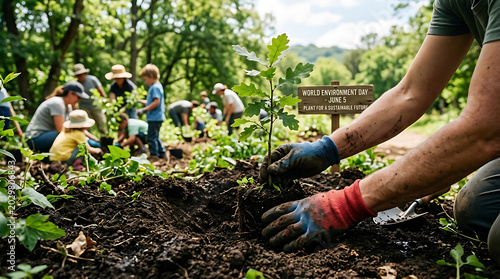 Planting Hope: A group of diverse individuals, including children and adults, engage in community tree planting, nurturing young saplings in a verdant forest clearing, fostering a sustainable future.