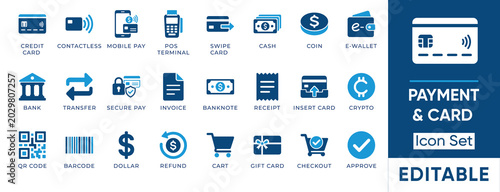 Fotografie Payment and card solid icon set