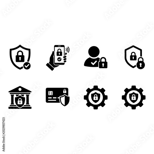 Security icon set, solid black, white background