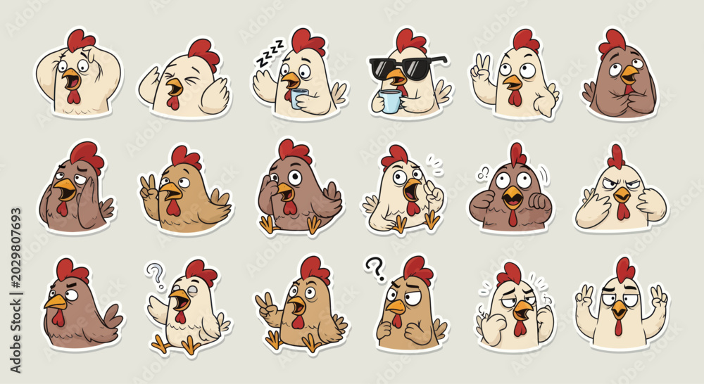 Fototapeta premium Funny Chicken Emoticons, Expressive Farm Bird Stickers, Cute Cartoon Poultry Icons