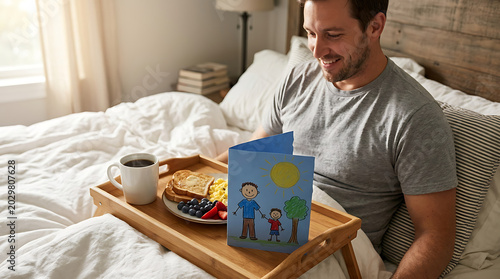 Father's Day Breakfast in Bed: A beaming father enjoys a delightful breakfast served on a tray in bed, complete with coffee, toast, and berries.
