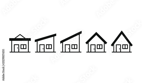 Set of four simple black and white house icons with different roof styles