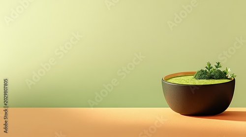 Green broccoli cream soup in a bowl for healthy food and nutrition concepts. Smooth vegetable soup composition ideal for restaurant menus, diet branding and clean eating design.