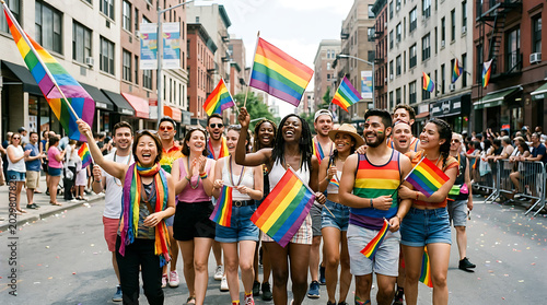 Pride Parade Celebration: A vibrant group of people joyfully participates in a pride parade, waving rainbow flags and celebrating LGBTQ+ rights and equality in a lively street scene.