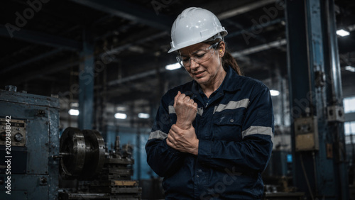 Female factory worker holding her injured wrist after an industrial accident in a machine shop, targeting workers compensation law and workplace injury claims. Cinematic photo for advertisement.