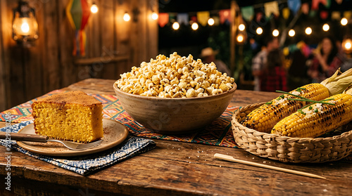 Festive Feast of Flavors: A rustic wooden table laden with a generous bowl of fluffy popcorn, a slice of golden cornbread, and grilled corn on the cob, set against a backdrop of a vibrant.