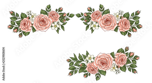 Romantic rose flower arrangements with lush pink blooms and green leaves for feminine branding and wedding stationery.