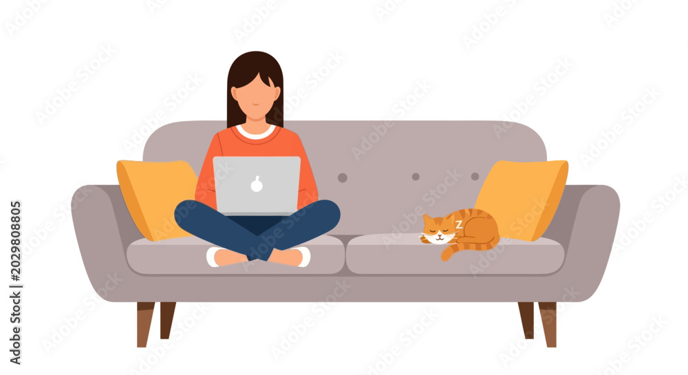 Fototapeta premium Woman Freelancer Working from Home on Laptop Sitting on Sofa with Sleeping Cat, Flat Vector Illustration