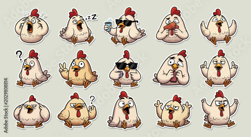 Fotografie Funny Chicken Stickers Set - Cute Cartoon Avian Expressions and Poses