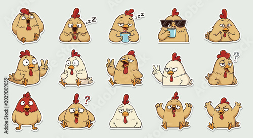 Photos Funny Chicken Stickers Set: Expressive Farm Birds with Different Emotions and Po