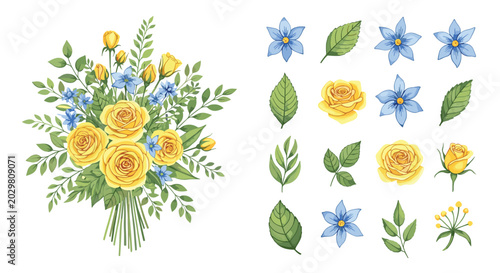 Floral design kit featuring a lush bouquet of yellow roses and blue star flowers with a detailed collection of individual botanical components.