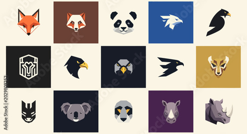 Canvas Print Geometric Animal Faces Collection - Fox, Panda, Eagle, Rhino, Koala Icons