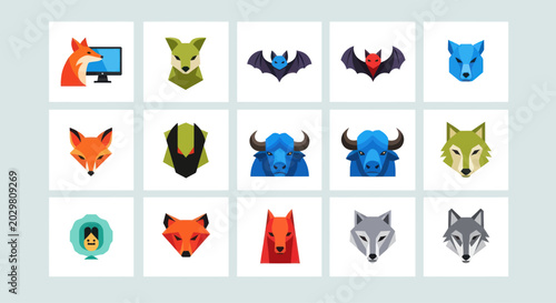 Canvas Print Geometric Animal Head Icons Collection, Fox, Wolf, Bat, Buffalo, Badger