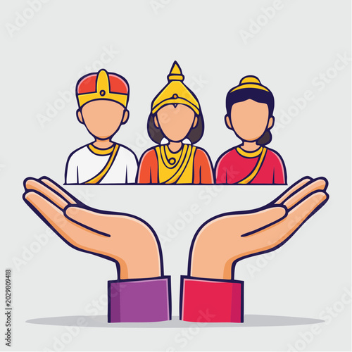 Hands holding diverse people in traditional attire