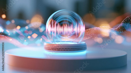 A glowing softly defocused AI voice assistant hologram with floating waveform tiles drifts above a clean bright pastel platform in calm daylight voice AI faceless concept soft