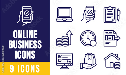 Schilderij op canvas Online Business Icons Set — Mobile, Laptop, Coins, Clock, Credit Card, House Vec