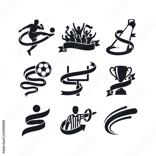 Black soccer sports icons set with ribbons And FIFA World Cup 2026, FIFA World Cup, World Cup, World Cup 2026, Football 2026.	