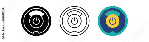 Robot vacuum cleaner icon set. robotic vacuum, floor cleaner, home appliance, automatic sweeping, power button, charging dock. line, flat and colored vector icon set.