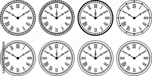 Black silhouette vector illustration of analog clocks with Roman numerals showing different times and decorative border design variations