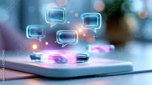 A glowing softly defocused AI chat hologram with floating communication tiles connects calm digital interactions on a clean bright pastel platform AI chat faceless concept soft