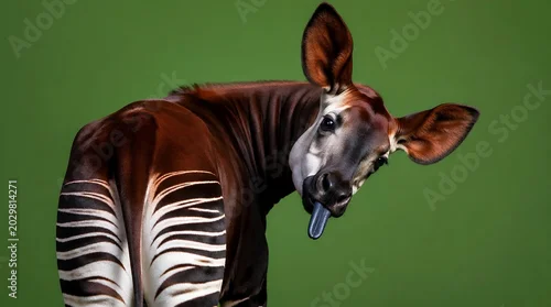 Obraz Close-up Portrait of an Okapi Sticking Out its Long Blue Tongue against a Solid Green Background